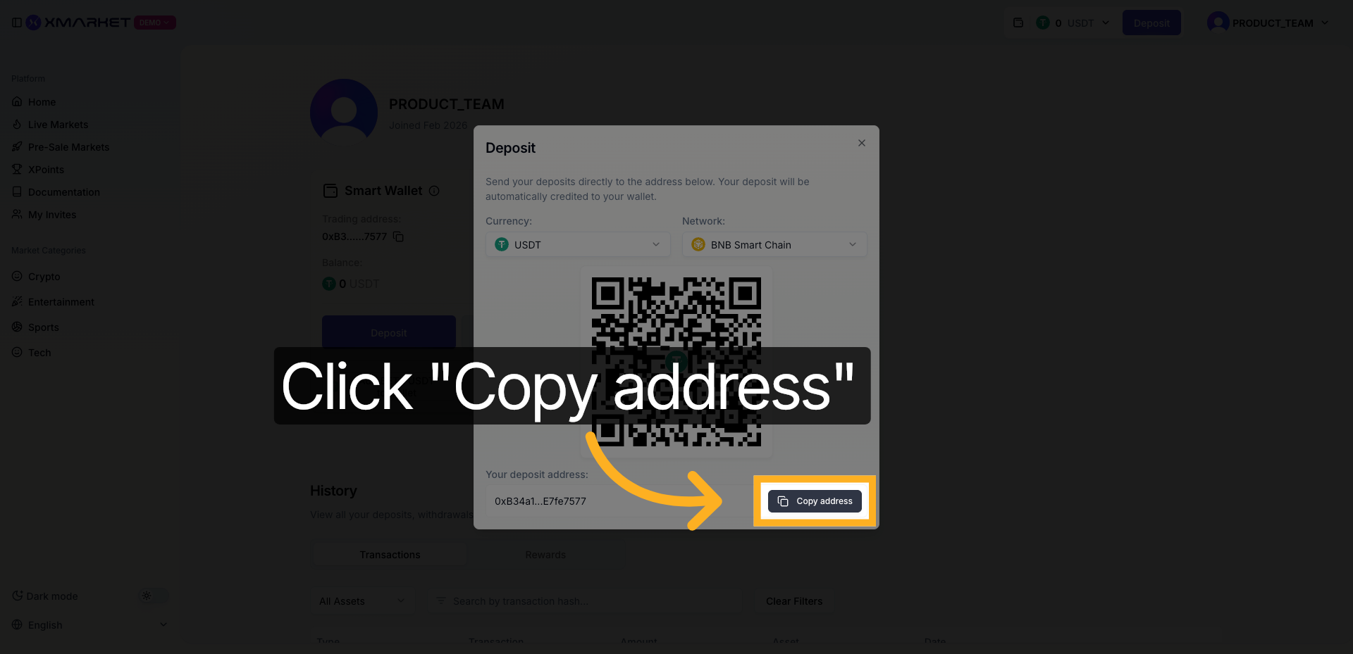 Deposit popup with address and QR code